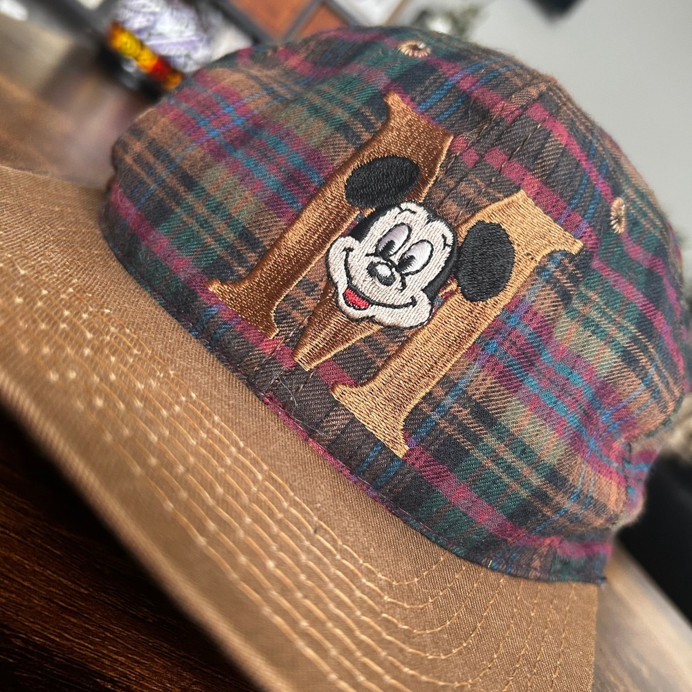 Vintage Disney Mickey Mouse Plaid Snapback Hat Made in USA Brown Plaid M Cap